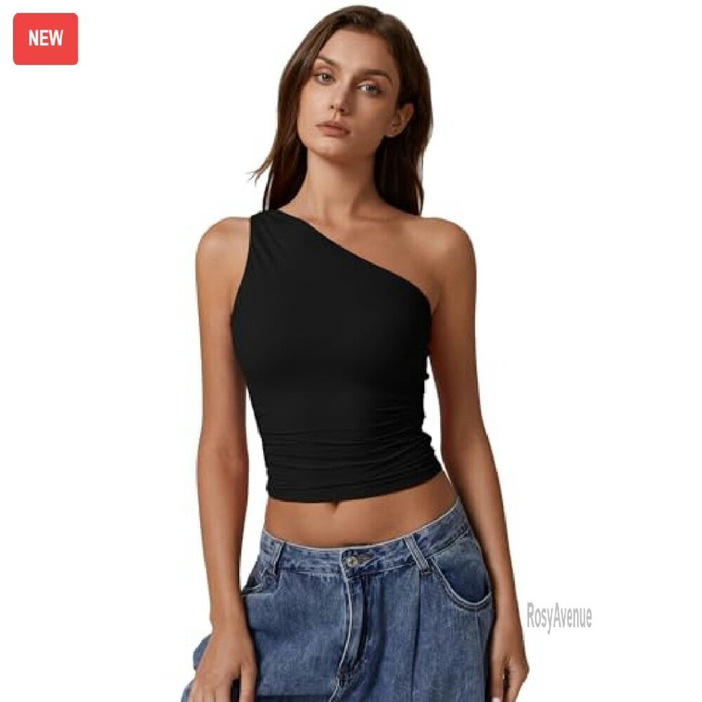 One Shoulder Double Lined Tank Top Slim Fit Cropped Tee - Picture 6 of 8